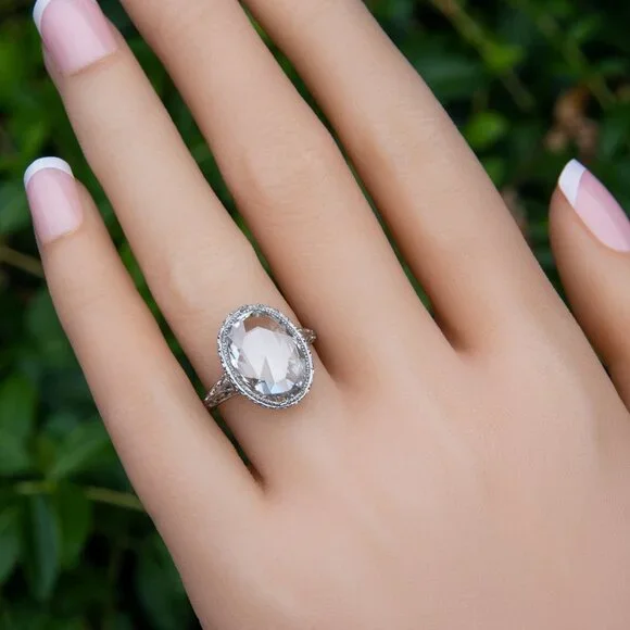 🎀 Dainty Noble Anillos Large Oval Pure ZirconSilverPlatedVintageRing, UNVN12058